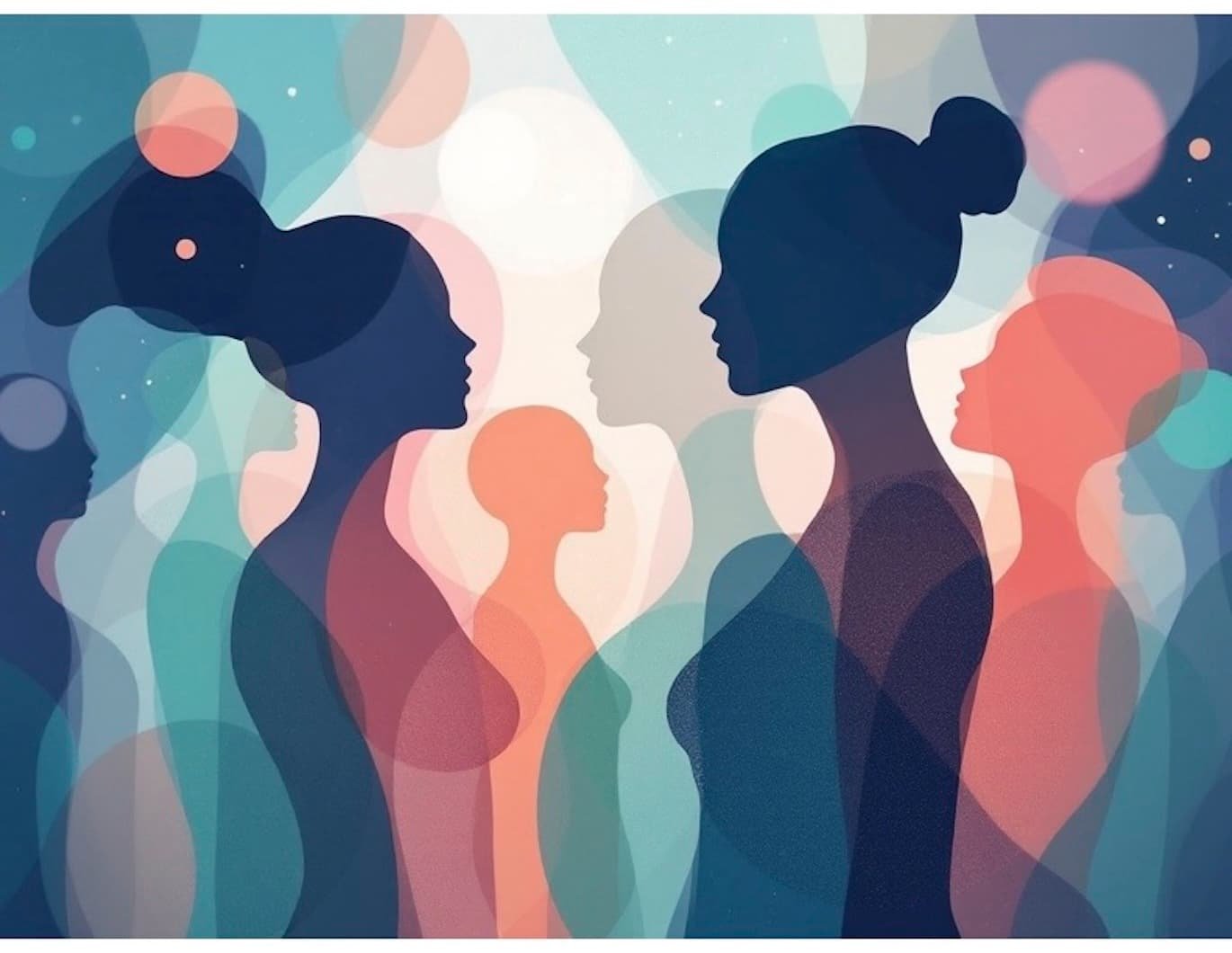 Illustration of layered silhouettes of several people in soft blue and coral tones, representing those who seek online trauma therapy